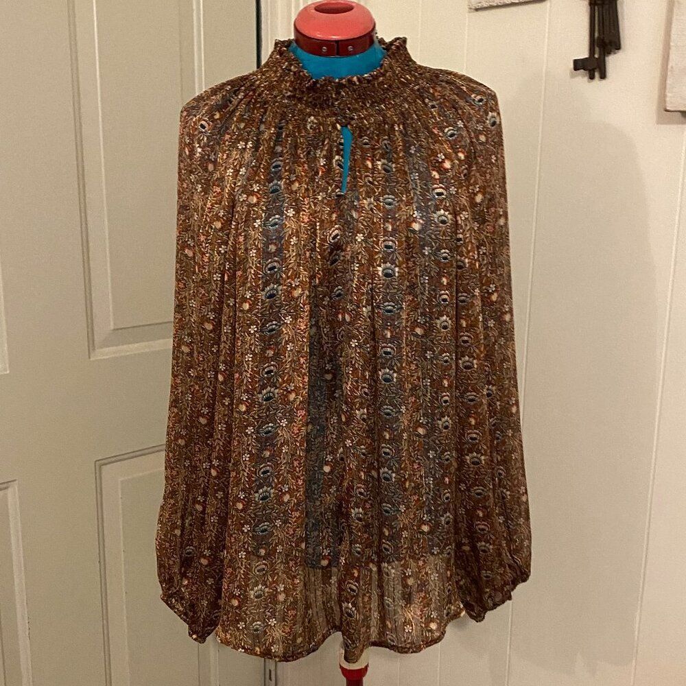 Ces Femme Boho Floral Oversized High Smocked Collar Top Womens Size 1XL